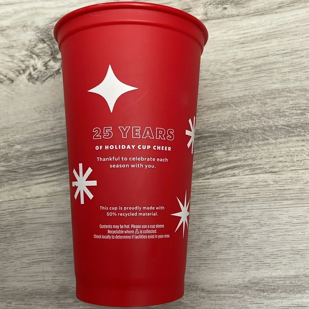 2013 Starbucks Red 25 Years of Holiday Cup Cheer 16 Oz Hot/Cold Plastic Tumbler